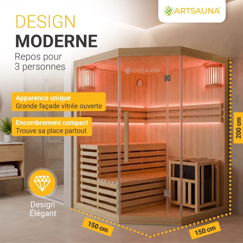 Sauna intérieur Espoo 150 Premium – 3 places, poêle Harvia 6 kW