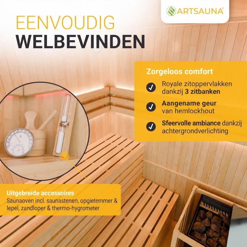 Sauna intérieur Espoo 150 Premium – 3 places, poêle Harvia 6 kW