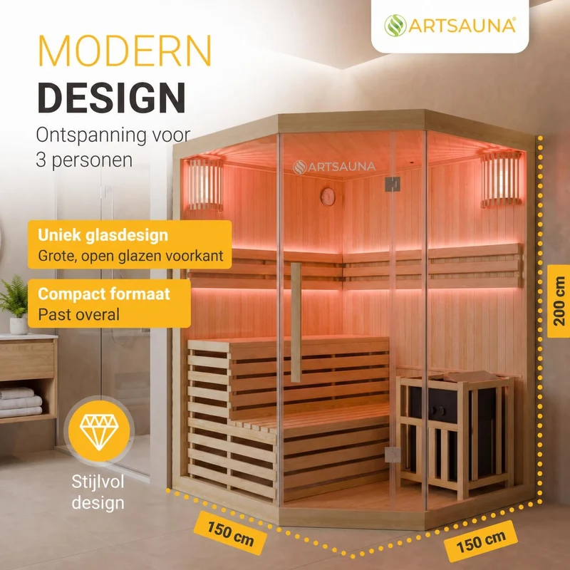 Sauna intérieur Espoo 150 Premium – 3 places, poêle Harvia 6 kW