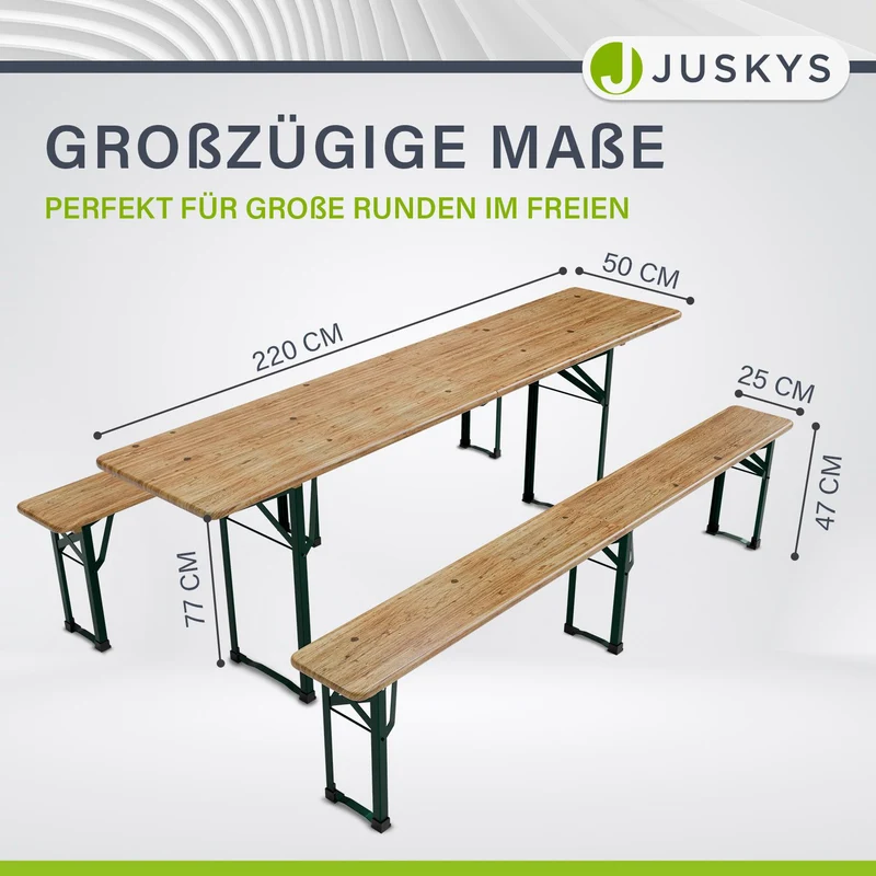 Ensemble table et bancs de brasserie Passau – 3 pièces pliables, bois de sapin laqué – 220 cm