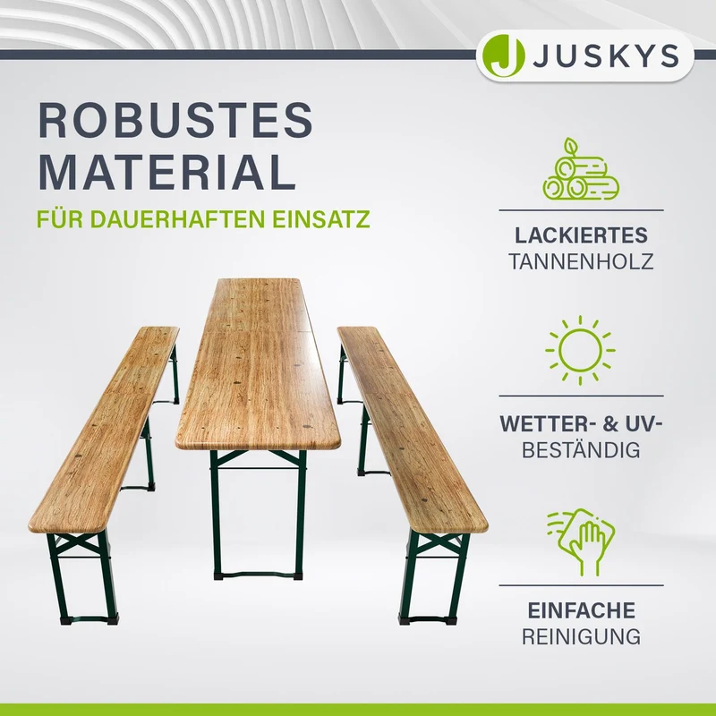 Ensemble table et bancs de brasserie Passau – 3 pièces pliables, bois de sapin laqué – 220 cm