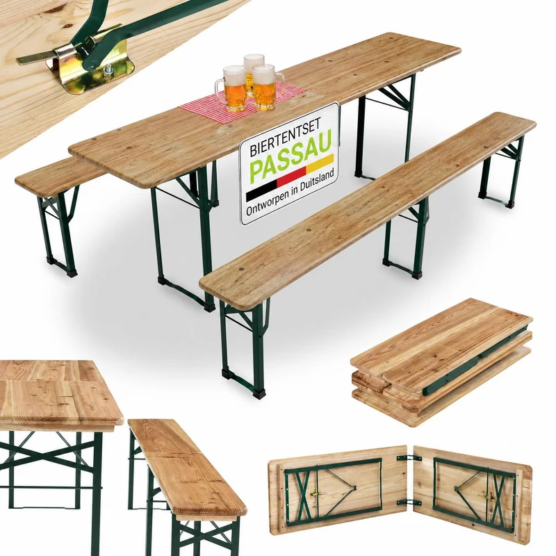 Ensemble table et bancs de brasserie Passau – 3 pièces pliables, bois de sapin laqué – 220 cm