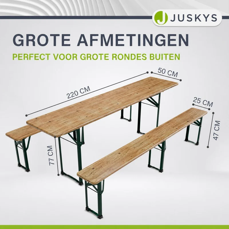 Ensemble table et bancs de brasserie Passau – 3 pièces pliables, bois de sapin laqué – 220 cm