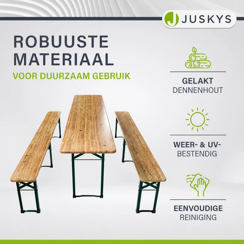 Ensemble table et bancs de brasserie Passau – 3 pièces pliables, bois de sapin laqué – 220 cm