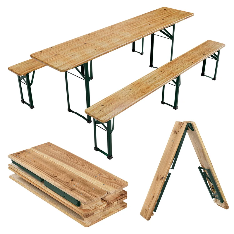 Ensemble table et bancs de brasserie Passau – 3 pièces pliables, bois de sapin laqué – 220 cm