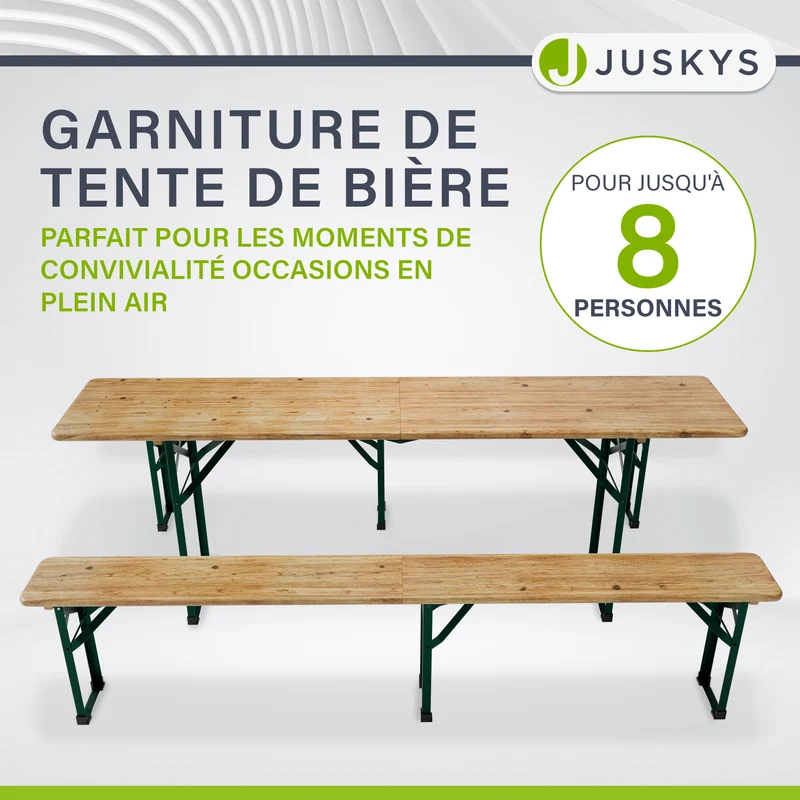 Ensemble table et bancs de brasserie Passau – 3 pièces pliables, bois de sapin laqué – 220 cm