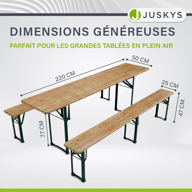 Ensemble table et bancs de brasserie Passau – 3 pièces pliables, bois de sapin laqué – 220 cm