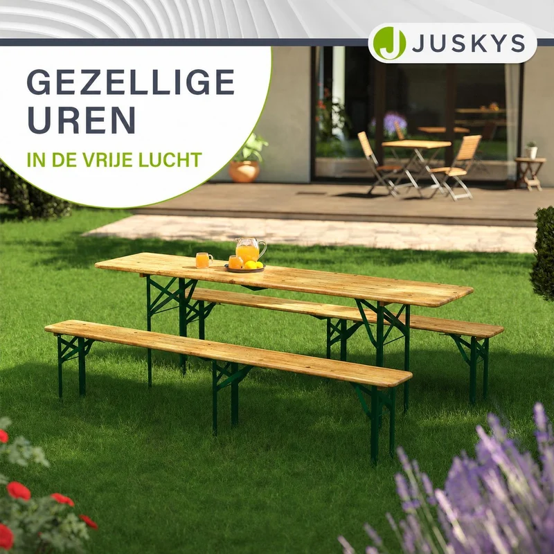 Ensemble table et bancs de brasserie Passau – 3 pièces pliables, bois de sapin laqué – 220 cm