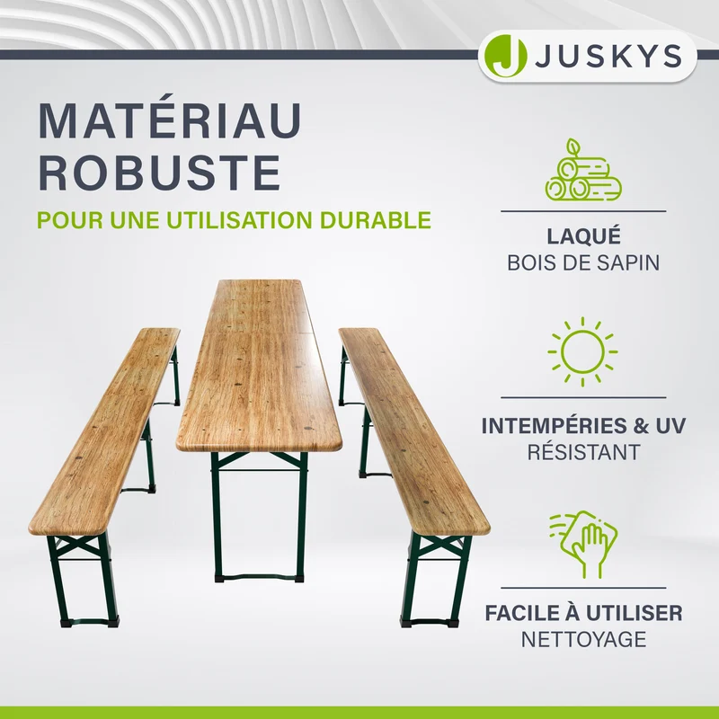 Ensemble table et bancs de brasserie Passau – 3 pièces pliables, bois de sapin laqué – 220 cm