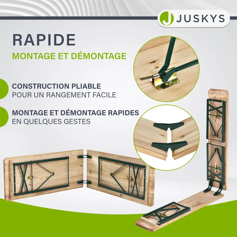 Ensemble table et bancs de brasserie Passau – 3 pièces pliables, bois de sapin laqué – 220 cm