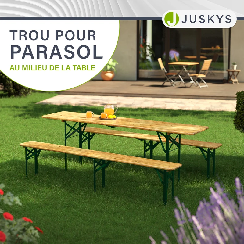 Ensemble table et bancs de brasserie Passau – 3 pièces pliables, bois de sapin laqué – 220 cm