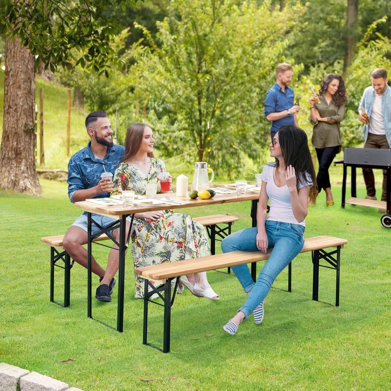 Ensemble table et bancs de brasserie Bichl – 3 pièces, bois de sapin laqué – 170 cm