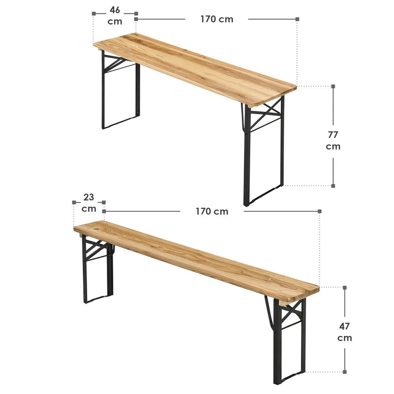 Ensemble table et bancs de brasserie Bichl – 3 pièces, bois de sapin laqué – 170 cm