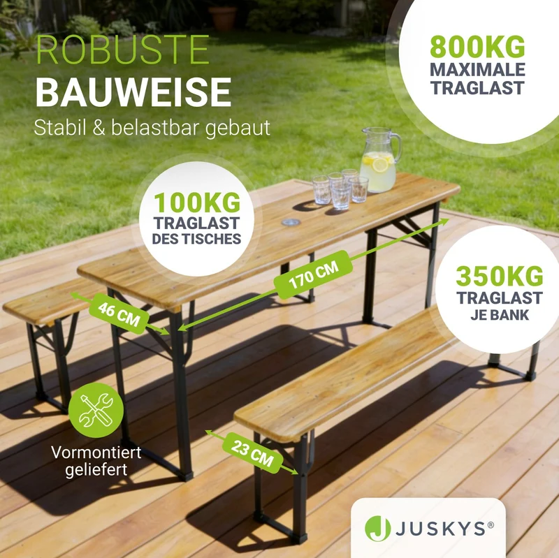 Ensemble table et bancs de brasserie Bichl – 3 pièces, bois de sapin laqué – 170 cm
