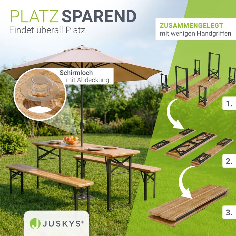 Ensemble table et bancs de brasserie Bichl – 3 pièces, bois de sapin laqué – 170 cm