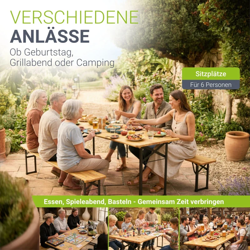 Ensemble table et bancs de brasserie Bichl – 3 pièces, bois de sapin laqué – 170 cm