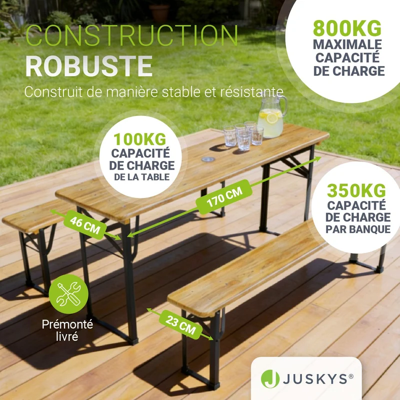 Ensemble table et bancs de brasserie Bichl – 3 pièces, bois de sapin laqué – 170 cm