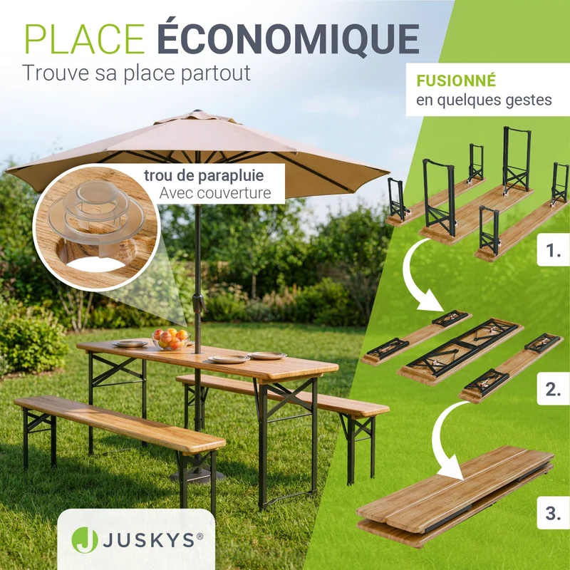 Ensemble table et bancs de brasserie Bichl – 3 pièces, bois de sapin laqué – 170 cm