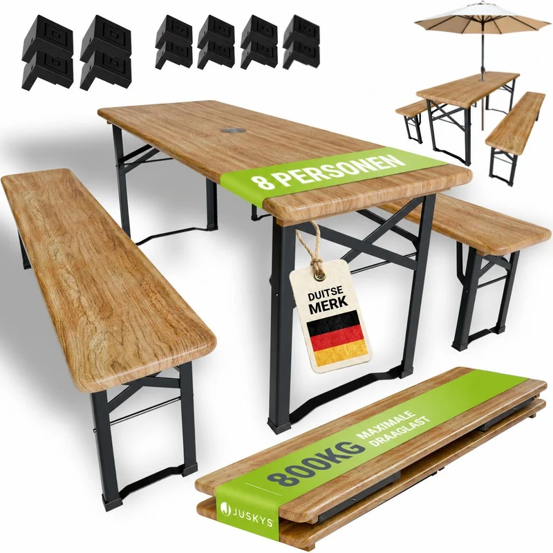 Ensemble table et bancs de brasserie Bichl – 3 pièces, bois de sapin laqué – 170 cm