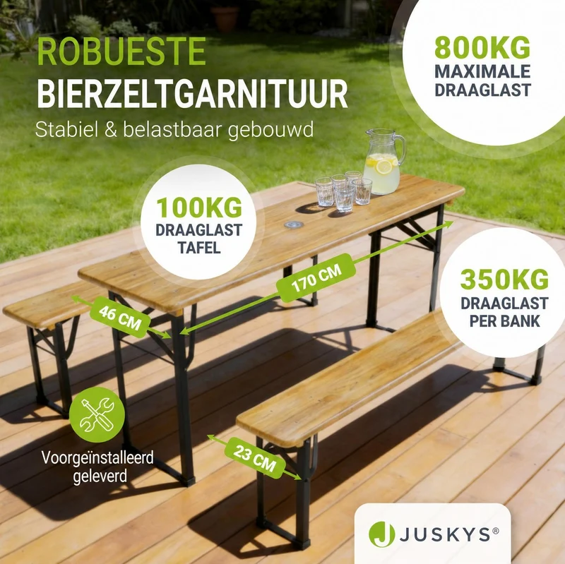 Ensemble table et bancs de brasserie Bichl – 3 pièces, bois de sapin laqué – 170 cm
