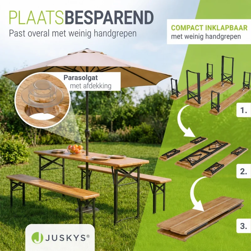 Ensemble table et bancs de brasserie Bichl – 3 pièces, bois de sapin laqué – 170 cm