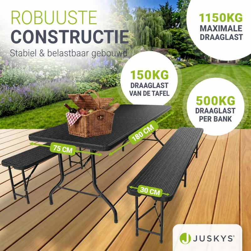 Ensemble table et bancs de brasserie Amberg – 180 x 74 x 74 cm