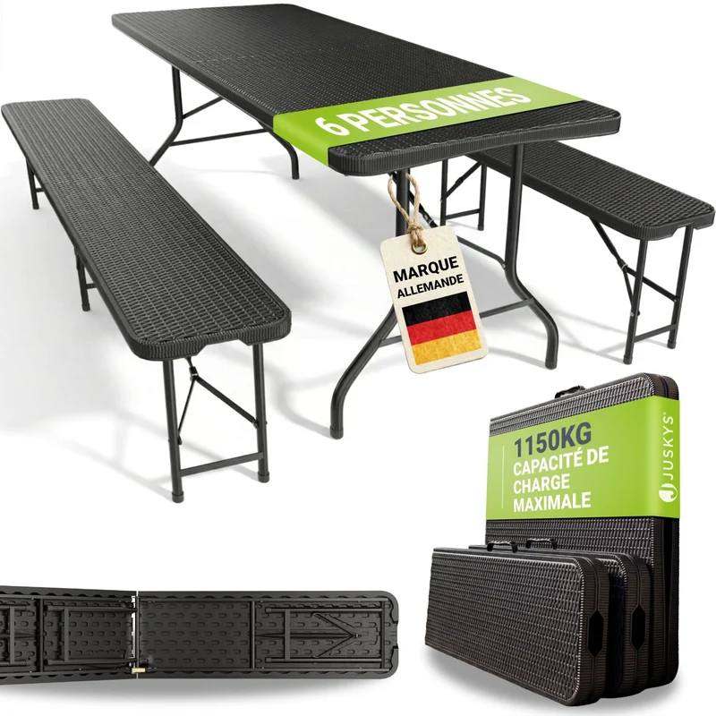 Ensemble table et bancs de brasserie Amberg – 180 x 74 x 74 cm