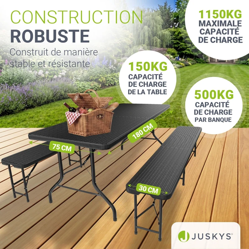 Ensemble table et bancs de brasserie Amberg – 180 x 74 x 74 cm