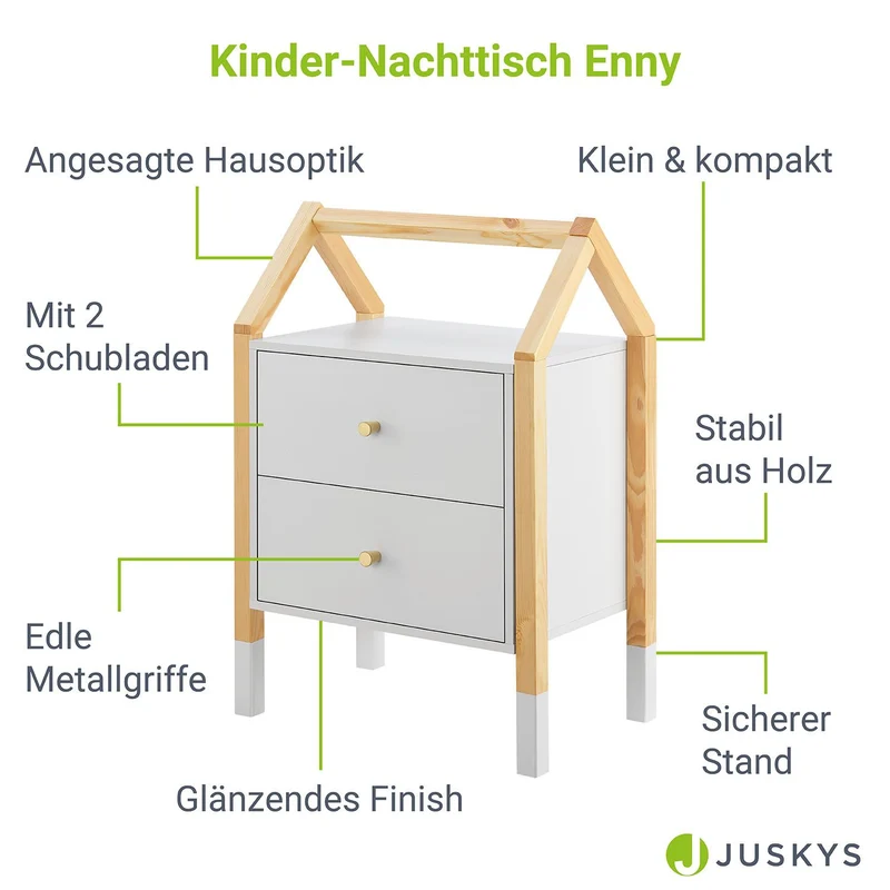 Table de chevet enfant Enny – 2 tiroirs, design maison