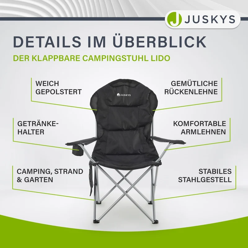 Chaise de camping pliante Lido – porte-bouteille, sac de transport – 4 coloris