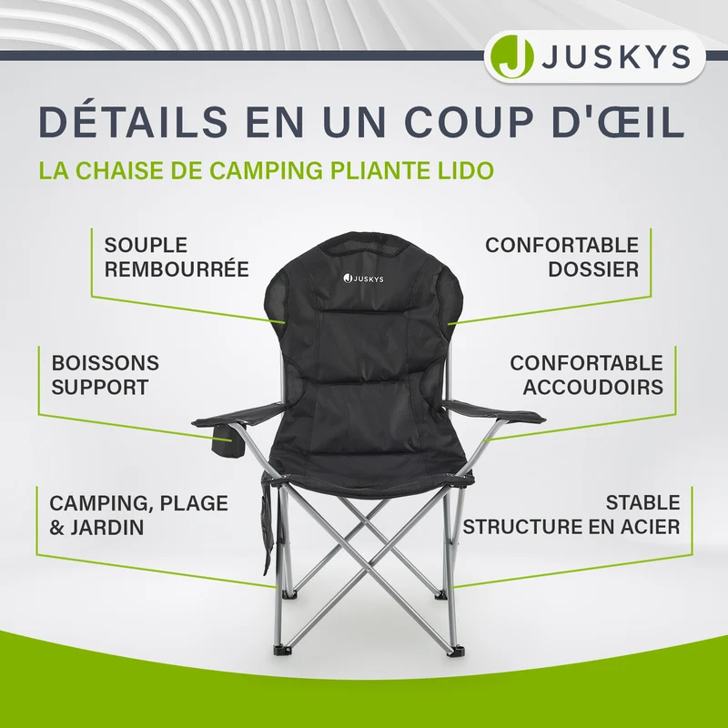Chaise de camping pliante Lido – porte-bouteille, sac de transport – 4 coloris