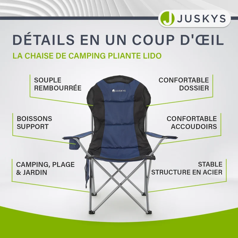 Chaise de camping pliante Lido – porte-bouteille, sac de transport – 4 coloris