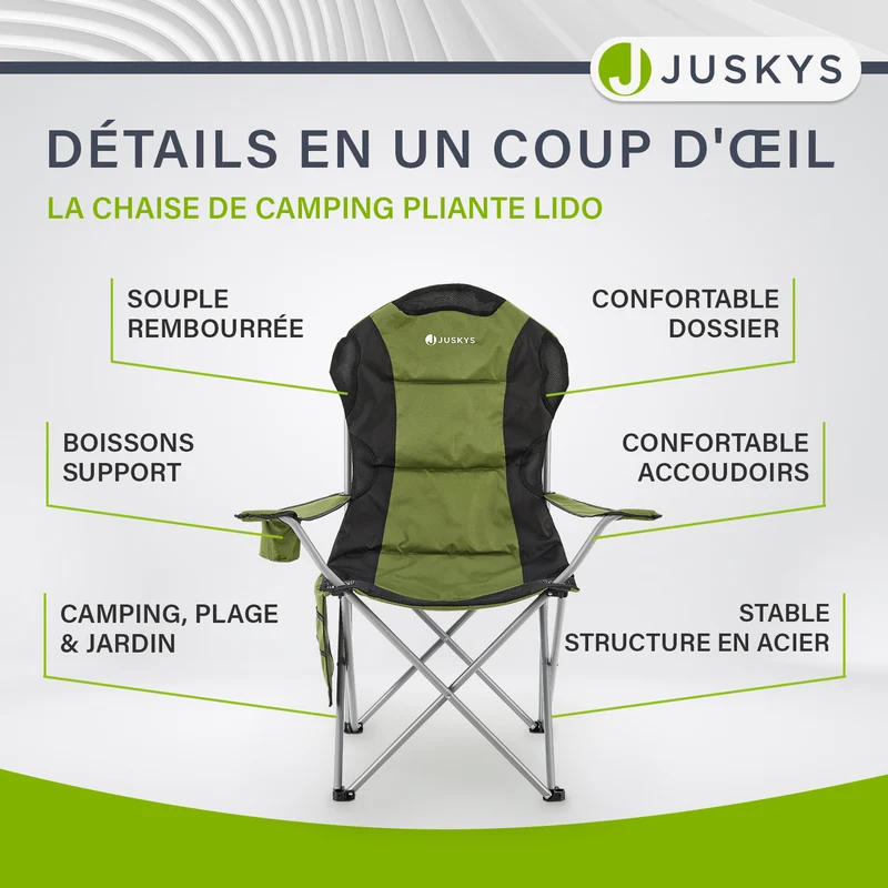 Chaise de camping pliante Lido – porte-bouteille, sac de transport – 4 coloris