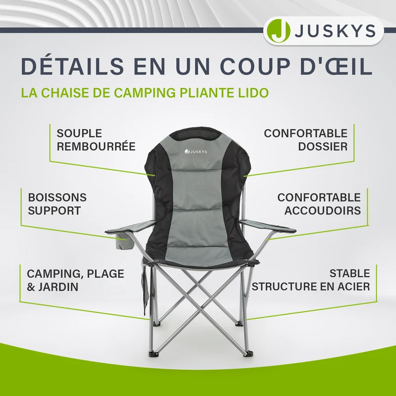 Chaise de camping pliante Lido – porte-bouteille, sac de transport – 4 coloris