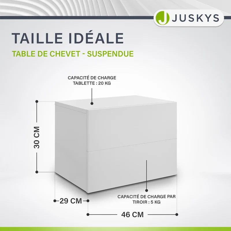 Table de chevet murale – 2 tiroirs – 40 x 29 x 30 cm
