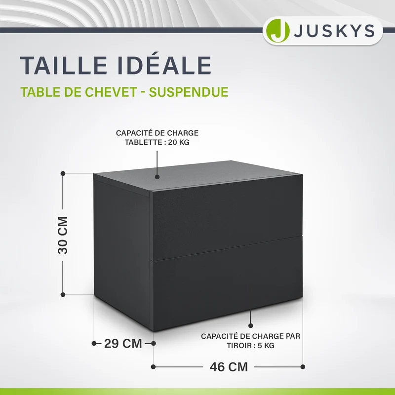 Table de chevet murale – 2 tiroirs – 40 x 29 x 30 cm