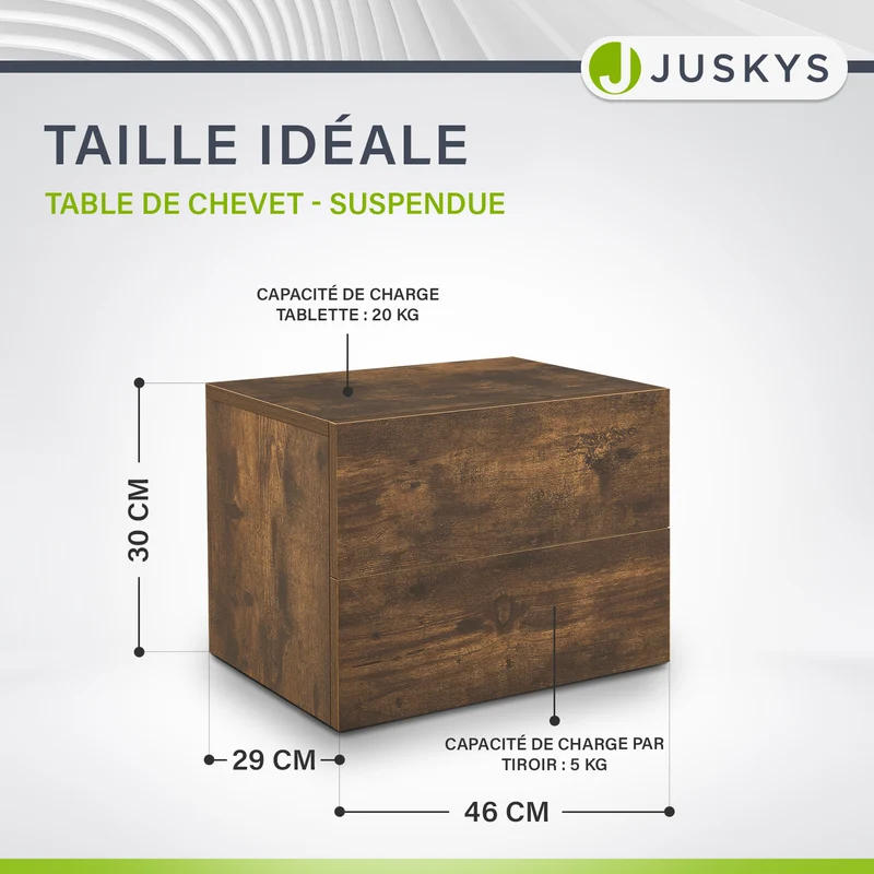 Table de chevet murale – 2 tiroirs – 40 x 29 x 30 cm