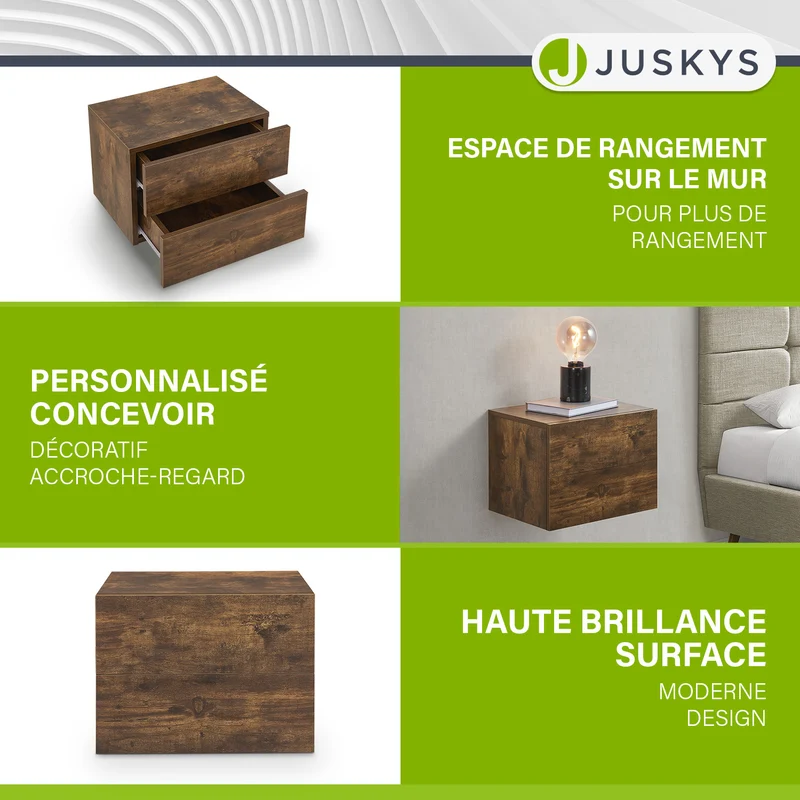 Table de chevet murale – 2 tiroirs – 40 x 29 x 30 cm