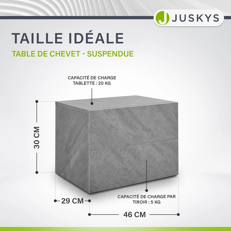 Table de chevet murale – 2 tiroirs – 40 x 29 x 30 cm