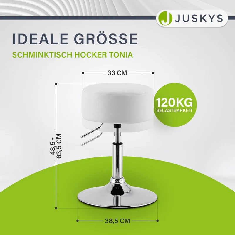 Tabouret de coiffeuse Tonia – rond, réglable en hauteur – blanc