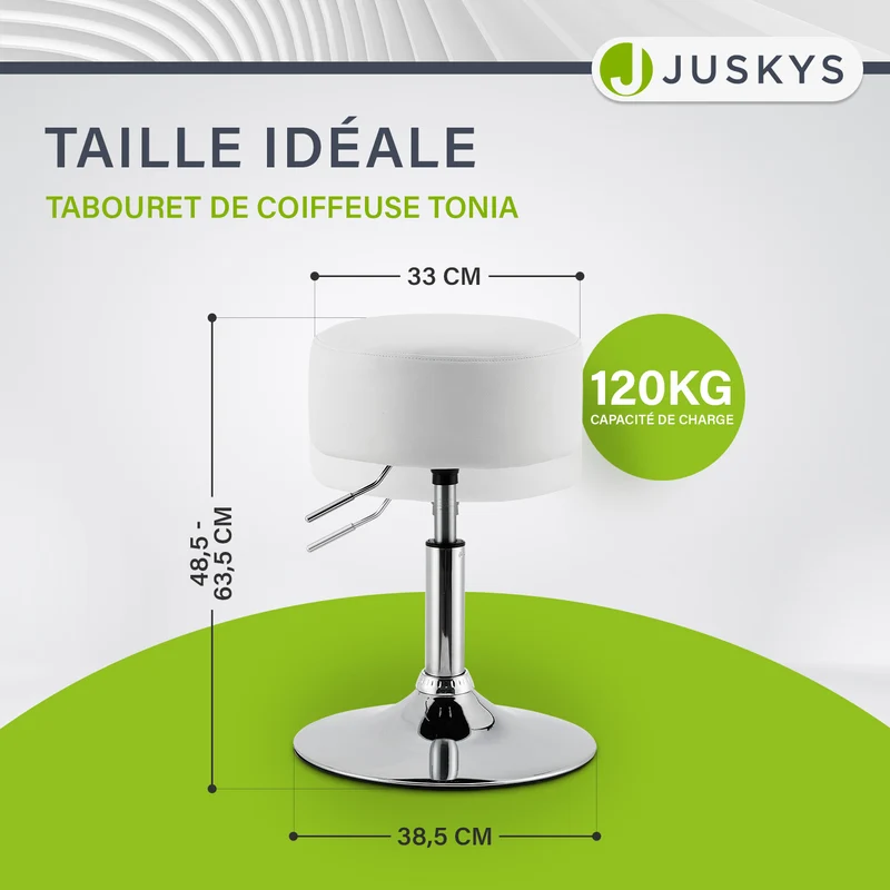 Tabouret de coiffeuse Tonia – rond, réglable en hauteur – blanc