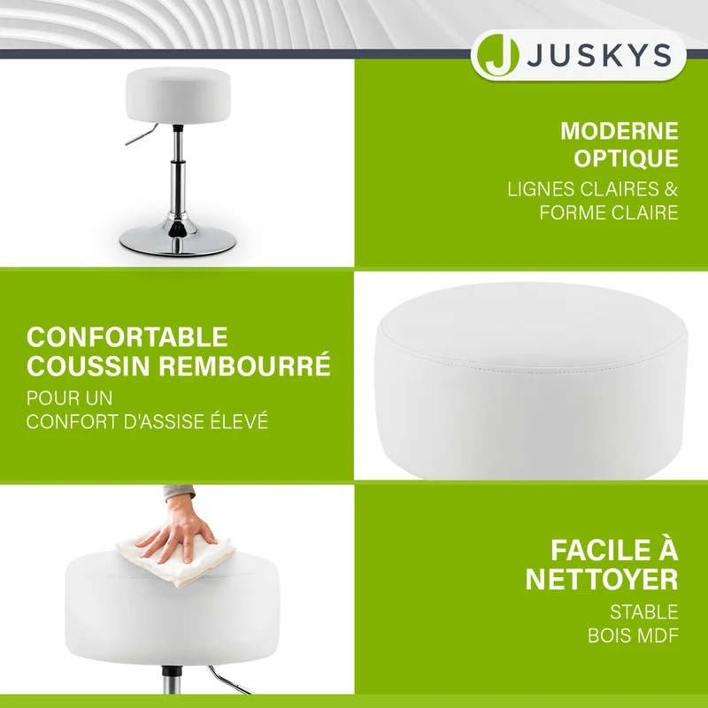 Tabouret de coiffeuse Tonia – rond, réglable en hauteur – blanc