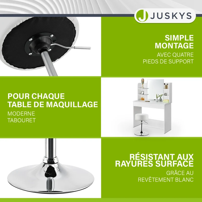 Tabouret de coiffeuse Tonia – rond, réglable en hauteur – blanc