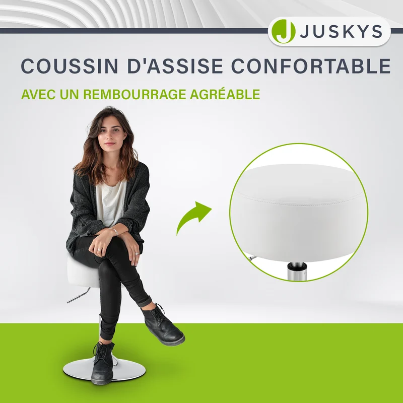 Tabouret de coiffeuse Tonia – rond, réglable en hauteur – blanc