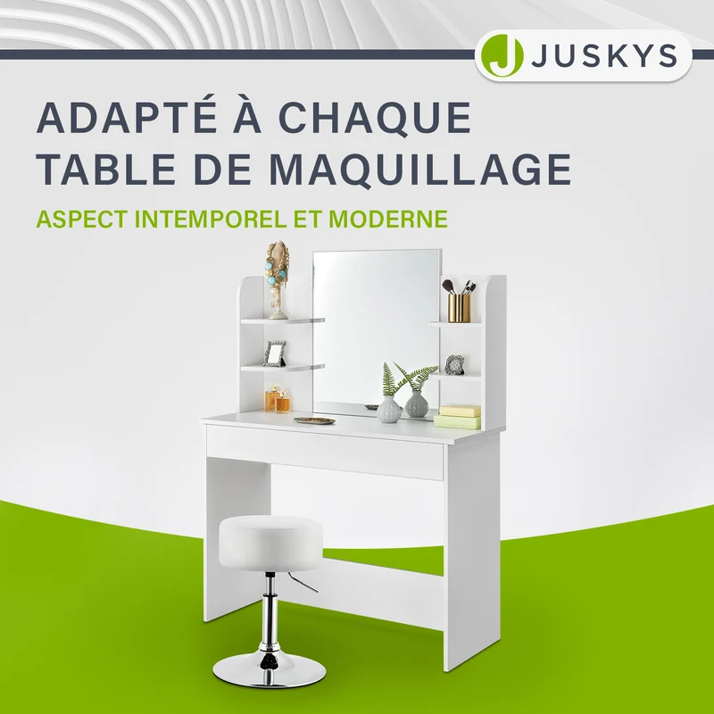 Tabouret de coiffeuse Tonia – rond, réglable en hauteur – blanc