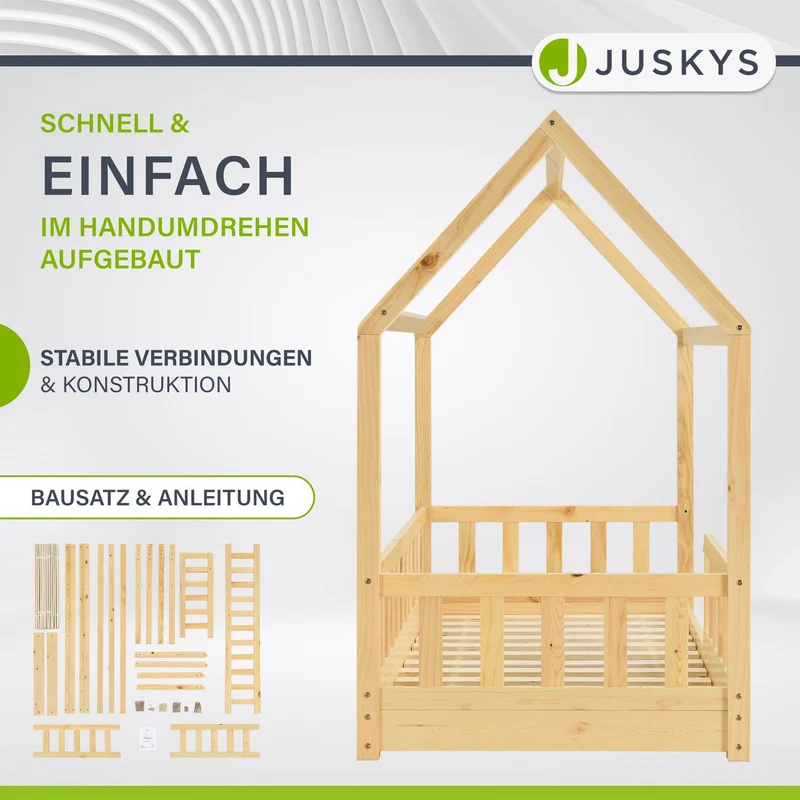 Lit enfant Marli 80 x 160 cm – lit cabane avec barrière et sommier à lattes