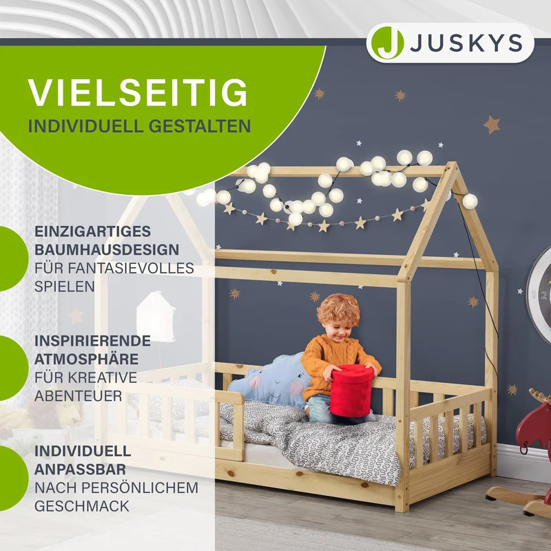Lit enfant Marli 80 x 160 cm – lit cabane avec barrière et sommier à lattes