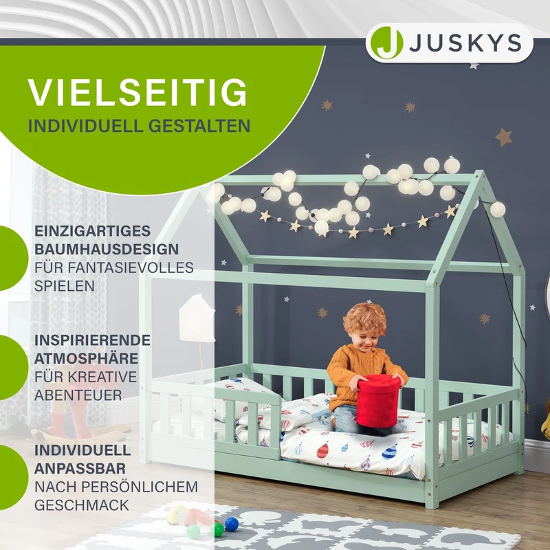 Lit enfant Marli 80 x 160 cm – lit cabane avec barrière et sommier à lattes