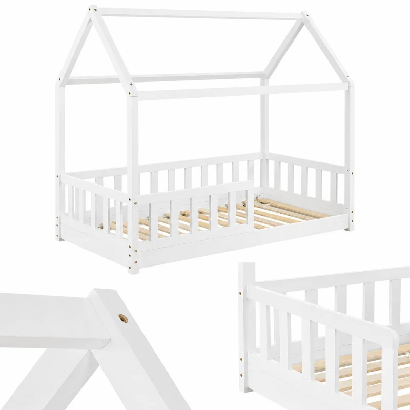 Lit enfant Marli 80 x 160 cm – lit cabane avec barrière et sommier à lattes