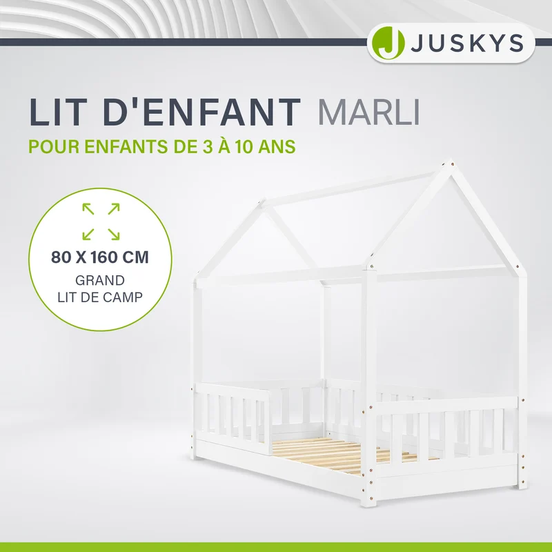 Lit enfant Marli 80 x 160 cm – lit cabane avec barrière et sommier à lattes